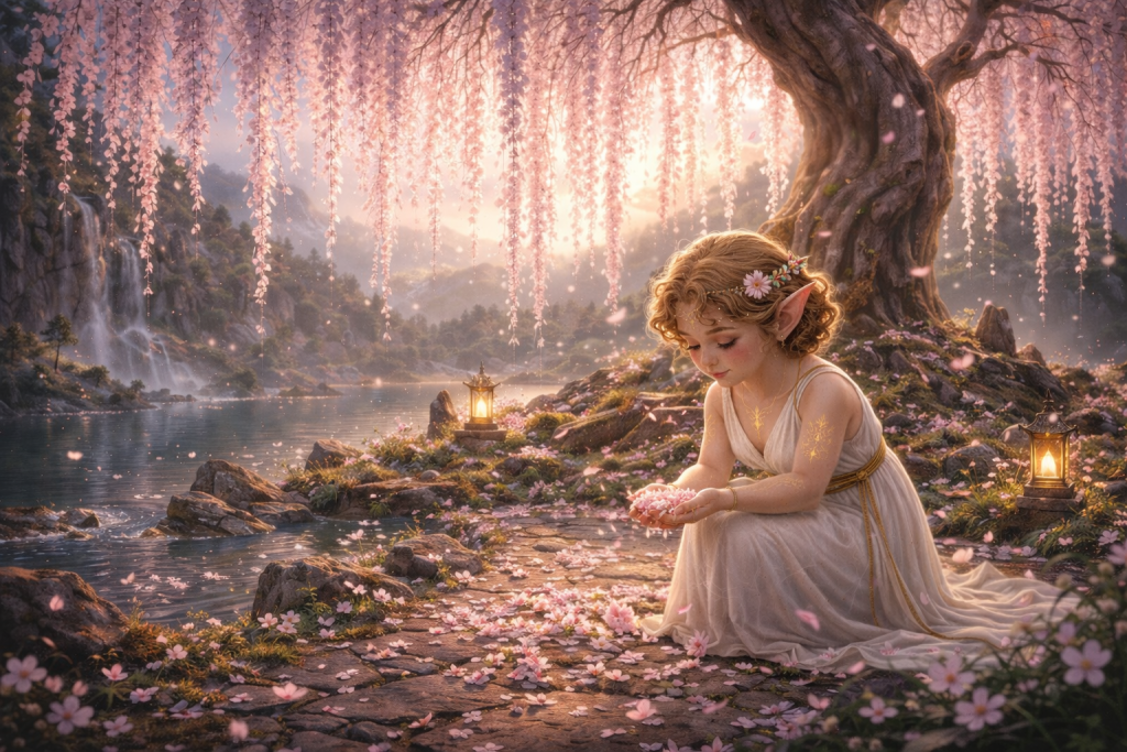 Priestess of Myalanna gathering Myalin flowers